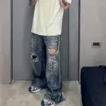 巴黎 BLC 23FW Baggy 水洗糜爛破洞大破壞泥染 丹寧牛仔褲 直筒褲 長褲