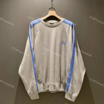 Needles x BEAMS 20FW 蝴蝶刺繡 復古織帶 大學T圓領衛衣長袖 灰拼接藍色