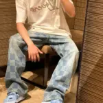 【預售】1V 24FW 經典棋盤格滿版 水洗做舊 直筒牛仔褲長褲工裝褲 藍色