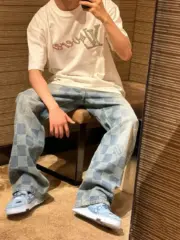 【預售】1V 24FW 經典棋盤格滿版 水洗做舊 直筒牛仔褲長褲工裝褲 藍色