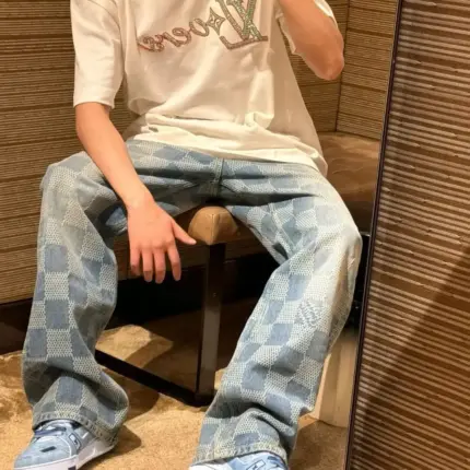 【預售】1V 24FW 經典棋盤格滿版 水洗做舊 直筒牛仔褲長褲工裝褲 藍色