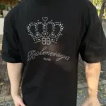 巴黎 BLC 24SS 水鑽燙鑽皇冠logo 小破壞 簡約素色 短袖T恤 黑色