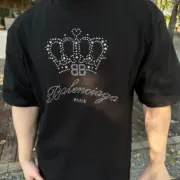 巴黎 BLC 24SS 水鑽燙鑽皇冠logo 小破壞 簡約素色 短袖T恤 黑色