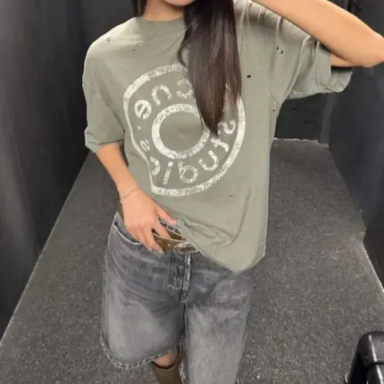 【現貨】Acne Studios 24FW 水洗做舊破壞 大logo 純棉短袖T恤 苔蘚綠/灰綠