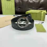 GUC 雙G板扣 經典老花緹花 頭層牛皮真皮皮帶 腰帶