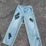 【預售】CHROME HEARTS 十字架皮標星空拼皮 工裝褲牛仔褲直筒褲伐木褲長褲