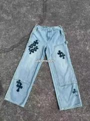 【預售】CHROME HEARTS 十字架皮標星空拼皮 工裝褲牛仔褲直筒褲伐木褲長褲