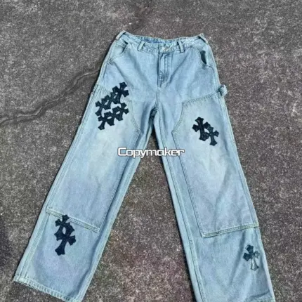 【預售】CHROME HEARTS 十字架皮標星空拼皮 工裝褲牛仔褲直筒褲伐木褲長褲