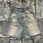 巴黎 BLC 23SS 條紋 水洗刷白 破壞流蘇 牛仔短褲 牛仔褲 休閒褲