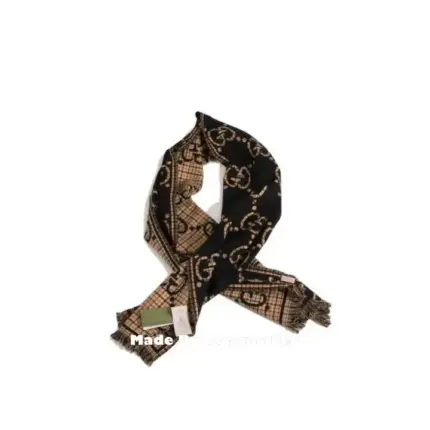 GUC 雙面字母 經典雙G格紋 羊毛 圍巾 披肩 黑色/米色