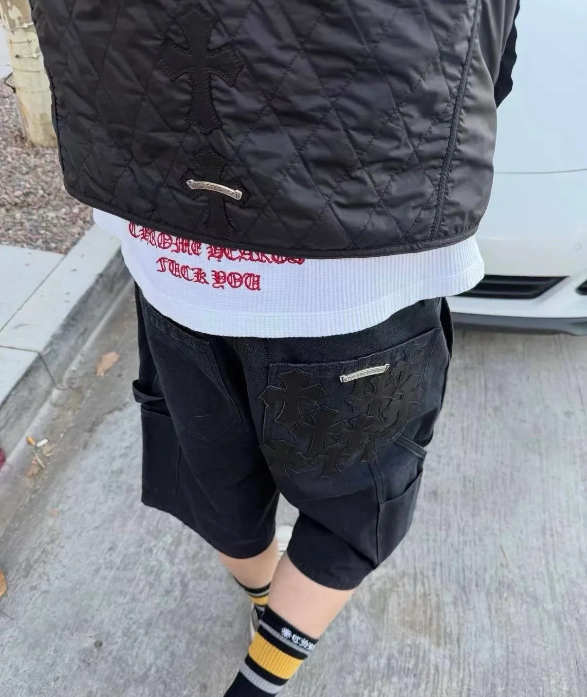 【618新品】Chrome Hearts Chino 克羅心 鍍銀五金後口袋拼皮十字架 牛仔短褲休閒褲