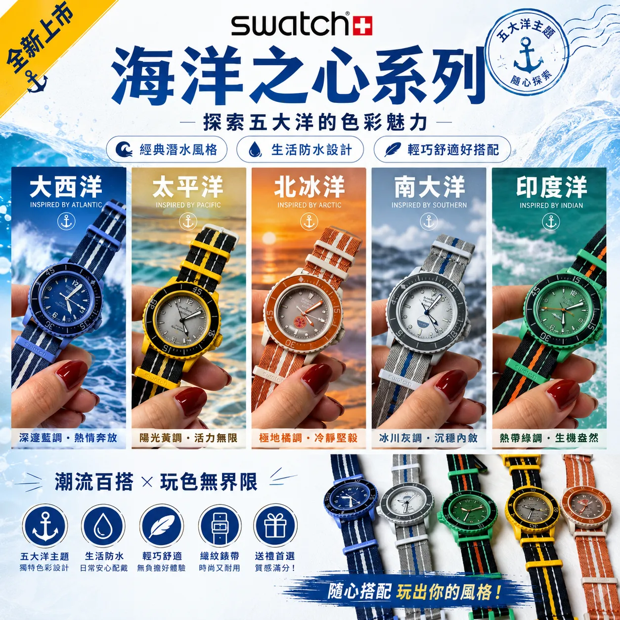 【618新品】【特價】寶珀 x swach 聯名 海洋五大洋 運動錶石英錶手錶腕錶 五色