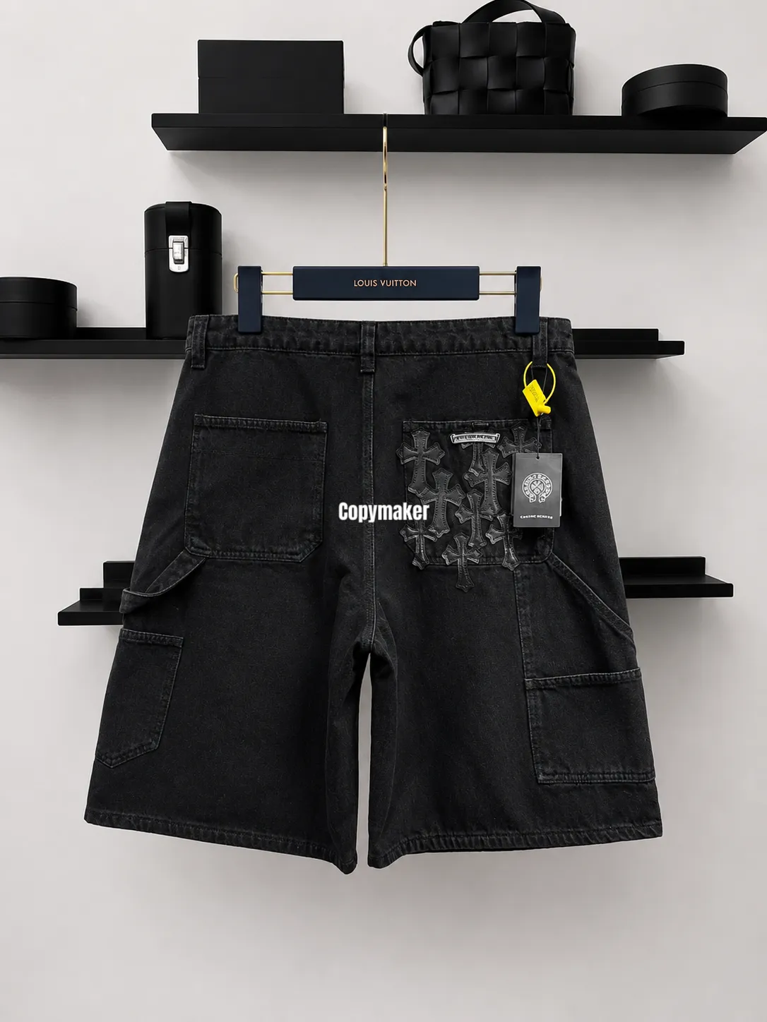 【618新品】Chrome Hearts Chino 克羅心 鍍銀五金後口袋拼皮十字架 牛仔短褲休閒褲