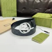 GUC 雙G板扣 經典老花緹花 頭層牛皮真皮皮帶 腰帶：圖片 5