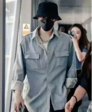 【預售】D1OR 23FW 雙面穿 刺繡logo 水洗牛仔格紋襯衫夾克外套：圖片 4