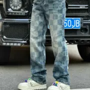 【預售】1V 24FW 經典棋盤格滿版 水洗做舊 直筒牛仔褲長褲工裝褲 藍色：圖片 7