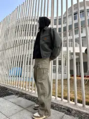 PRA 24SS 素色簡約 三角標小logo 水洗寬鬆口袋工裝褲長褲 橄欖綠：圖片 27