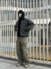 PRA 24SS 素色簡約 三角標小logo 水洗寬鬆口袋工裝褲長褲 橄欖綠：圖片 30