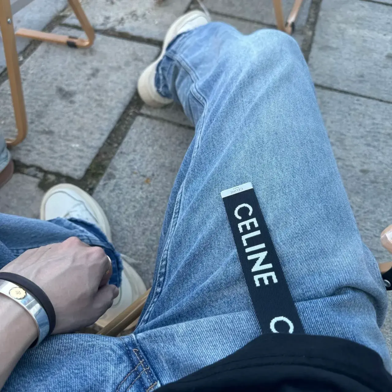 【過驗】CELIN 經典字母logo 牛皮 編織帆布腰帶皮帶 110CM