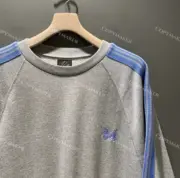 Needles x BEAMS 20FW 蝴蝶刺繡 復古織帶 大學T圓領衛衣長袖 灰拼接藍色：圖片 4