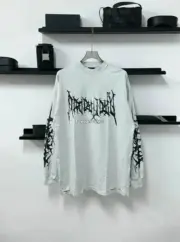 巴黎 BLC 24FW 歌德字母開裂印花 水洗破壞 長袖T恤衛衣大學T 冷白色：圖片 8