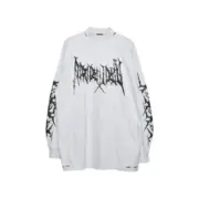 巴黎 BLC 24FW 歌德字母開裂印花 水洗破壞 長袖T恤衛衣大學T 冷白色：圖片 2