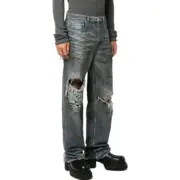 巴黎 BLC 23FW Baggy 水洗糜爛破洞大破壞泥染 丹寧牛仔褲 直筒褲 長褲：圖片 4