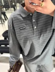 【現貨】M1U M1U 25FW 繆繆 刺繡小標logo 條紋 Polo衫長袖T恤 灰色：圖片 2