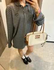 【現貨】M1U M1U 25FW 繆繆 刺繡小標logo 條紋 Polo衫長袖T恤 灰色：圖片 4