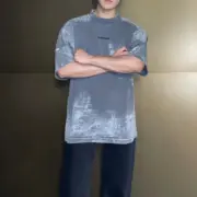 【預售】巴黎 BLC 23SS 胸口刺繡 背後大logo 重工破壞潑墨水洗 短袖T恤 水洗灰：圖片 4