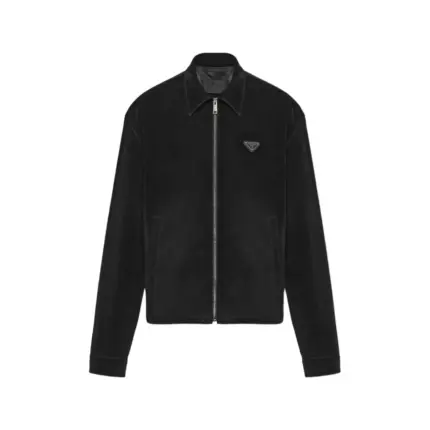 【預售】【原廠】PRA 25SS 天鵝絨 原廠三角標logo 簡約 拉鍊夾克外套 黑色 短寬版型