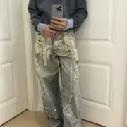 【預售】Acne Studios 25SS 蕾絲珍珠鍊條3D印花 牛仔褲工裝褲 1981M 男女同款：圖片 8