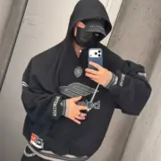 【現貨】巴黎 BLC 25FW Football 3B刺繡 水洗帽T連帽衛衣帽衫 黑色：圖片 4