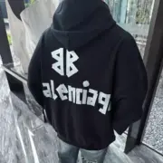 【現貨】巴黎 BLC 24FW 秀款 膠帶 繃帶logo 水洗做舊 帽T連帽衛衣帽衫 黑色：圖片 6