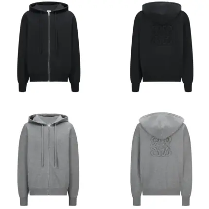 【預售】LOWE 26SS 後背幾何次刺繡 羊絨拉鍊連帽外套夾克 簡約素色 進口羊毛 黑色/灰色