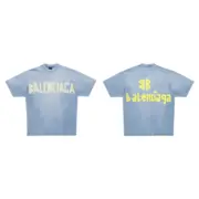 巴黎 BLC 23SS 秀款 膠帶 繃帶logo 水洗做舊 破壞 短袖T恤 藍灰色：圖片 2