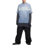 巴黎 BLC 23SS 秀款 膠帶 繃帶logo 水洗做舊 破壞 短袖T恤 藍灰色：圖片 5